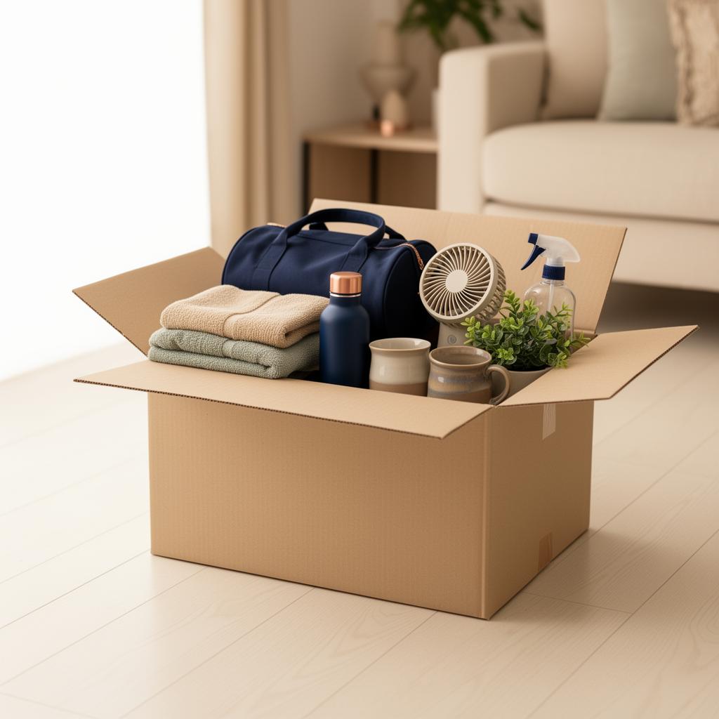 An elegantly packed Listo box of organized supplies in a warm home setting